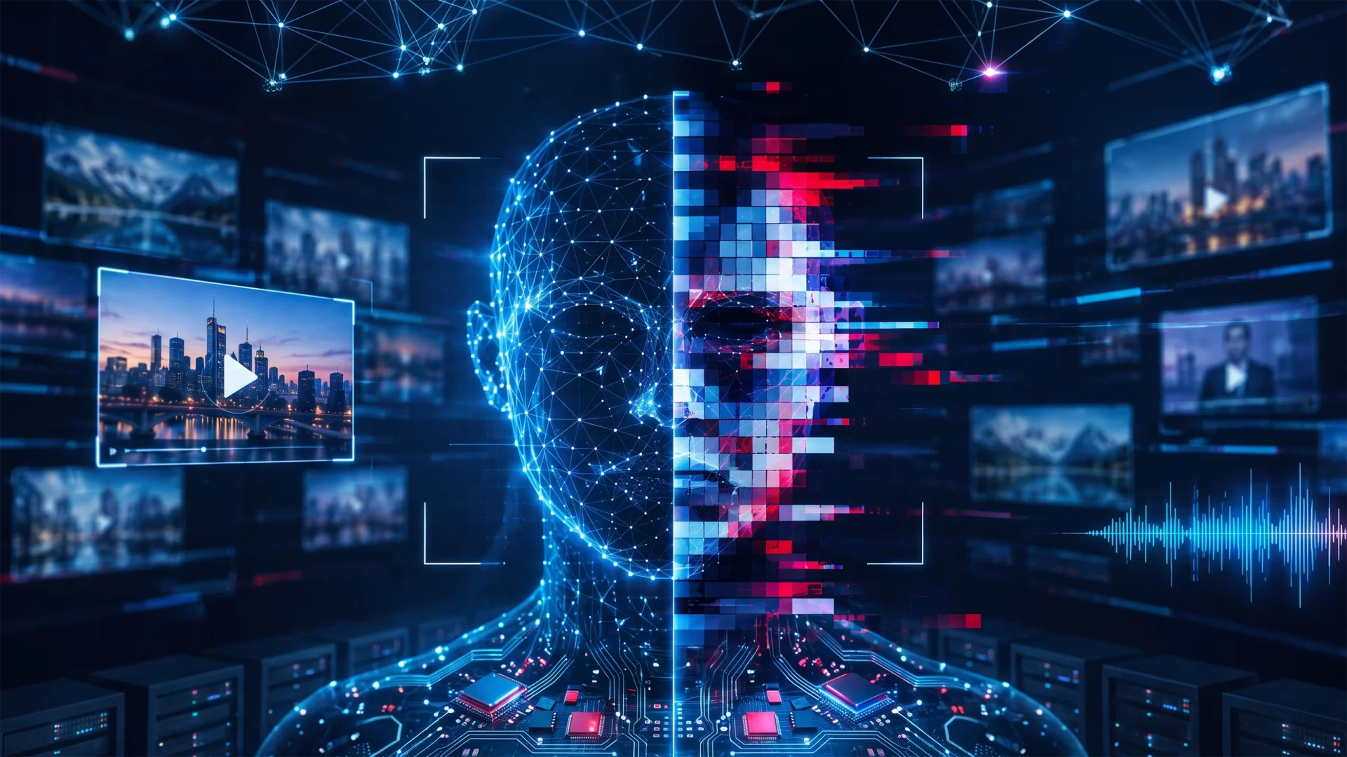 Verzerrte Maske vor Videoscreens als Symbol für Deepfakes