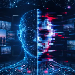 Verzerrte Maske vor Videoscreens als Symbol für Deepfakes