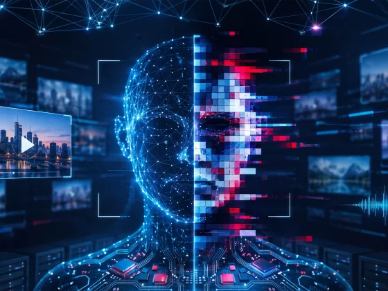 Verzerrte Maske vor Videoscreens als Symbol für Deepfakes