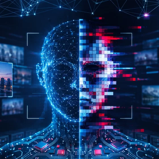 Verzerrte Maske vor Videoscreens als Symbol für Deepfakes
