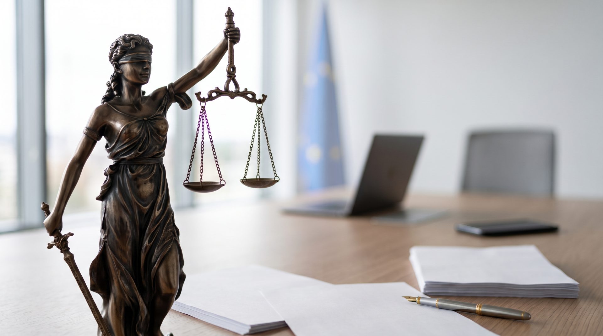 Bronzefigur der Justitia mit Waage und Schwert auf einem Tisch mit Papieren, Stift, Laptop und Stuhl im Hintergrund
